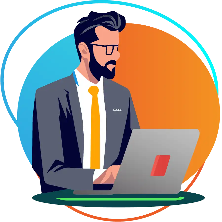 Illustration of SEO Expert Sakib wearing a suit and tie, working on a laptop with a colorful gradient background